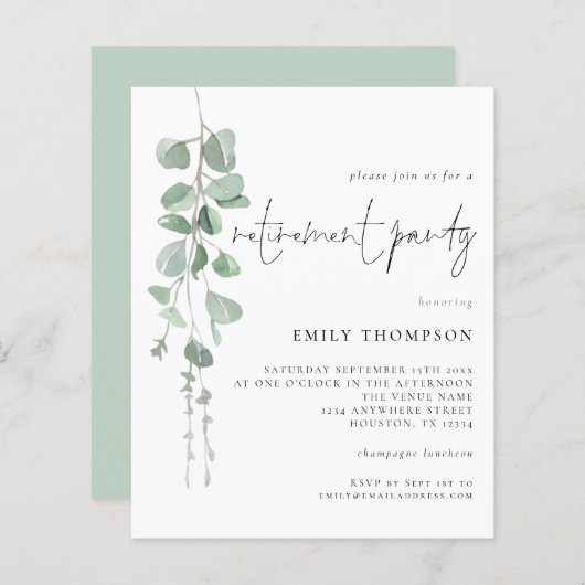 予算ユーカリプタススクリプト退職パーティー招待状 (正面/裏面)