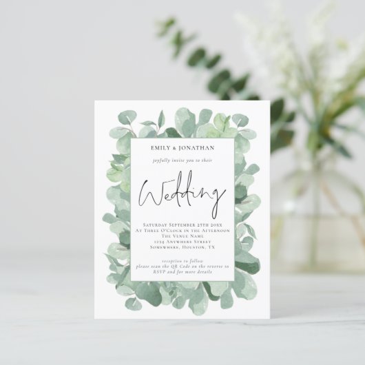 予算ユーカリプタスリーフQRコード結婚式招待状 (スタンド正面)