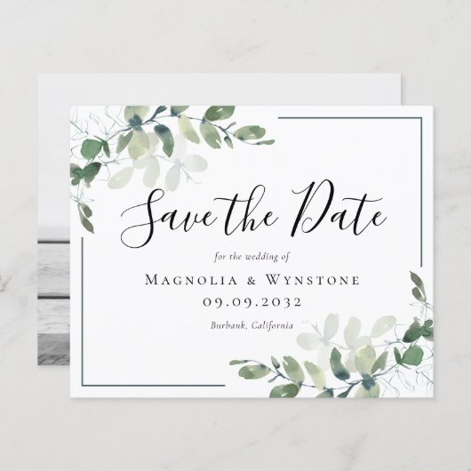 予算ユーカリ水の色の結婚式の日付を保存 (正面/裏面)