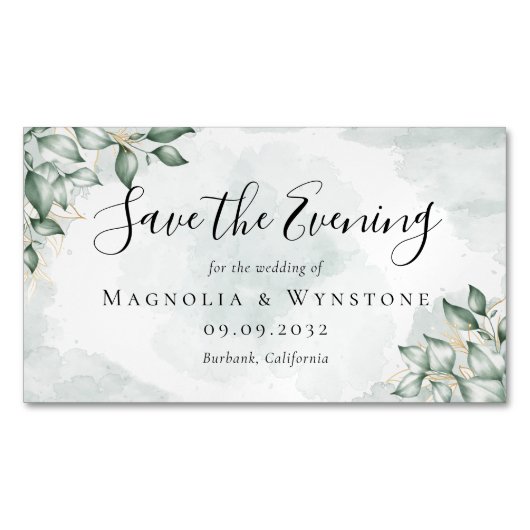 予算ユーカリ水の色の結婚式の日付を保存 マグネット名刺 (正面)