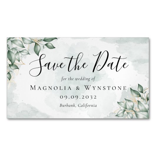 予算ユーカリ水の色の結婚式の日付を保存 マグネット名刺 (正面)