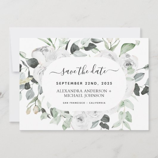 予算ユーカリ白フローラ保存日 招待状 (正面)