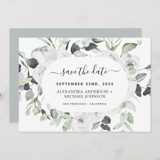 予算ユーカリ白フローラ保存日 招待状 (正面/裏面)