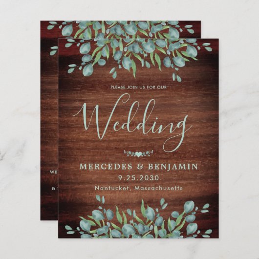 予算ユーカリ素朴QRコード結婚式の招待 (正面/裏面)