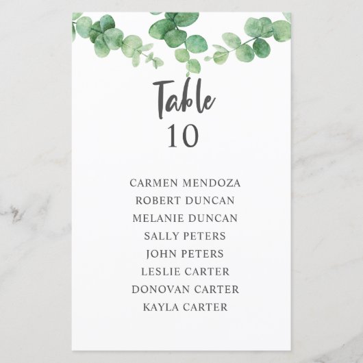 予算ユーカリ結婚の座席表カード (正面)