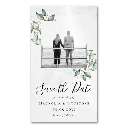 予算ユーカリ結婚式の日付を保存 マグネット名刺 (正面縦)