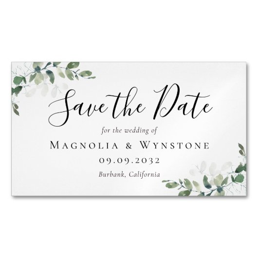 予算ユーカリ結婚式の日付を保存 マグネット名刺 (正面)