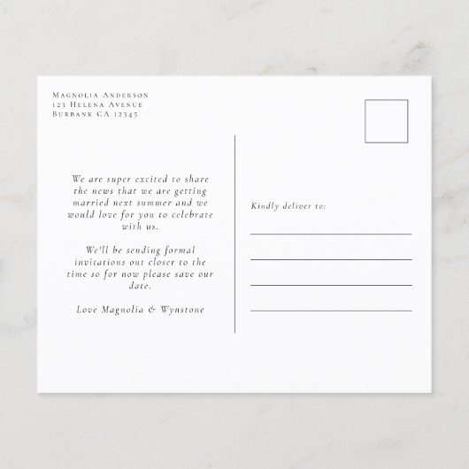 予算ユーカリ結婚式の日付ポストカードを保存 (裏面)