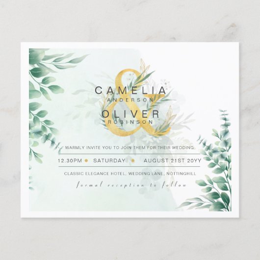 予算ユーカリ緑結婚の金ゴールドのQRコード チラシ (正面)