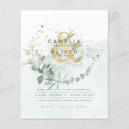 予算ユーカリ緑結婚の金ゴールドのQRコード チラシ (正面)