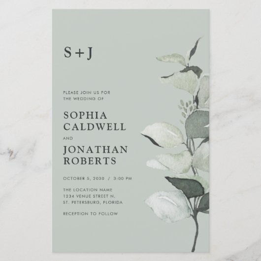 予算ユーカリQRコードモノグラム結婚式の招待 (正面)