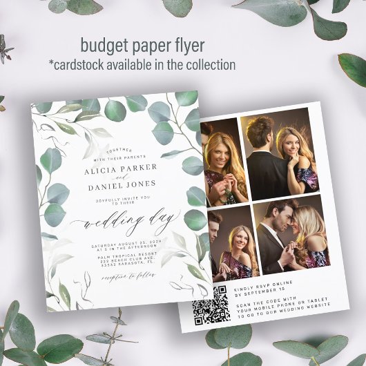 予算ユーカリQRコード写真結婚式招待状 チラシ