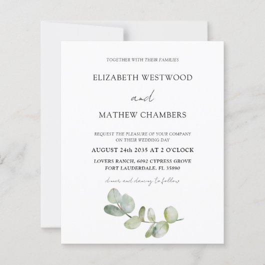 予算ユーカリQRコード結婚式招待状 (正面)