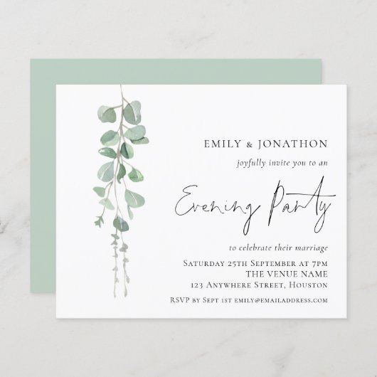 予算ユーカリQR夕べパーティー結婚式の招待 (正面/裏面)