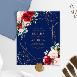 予算レッドローズ&金ゴールドフローラ保存日付招待状