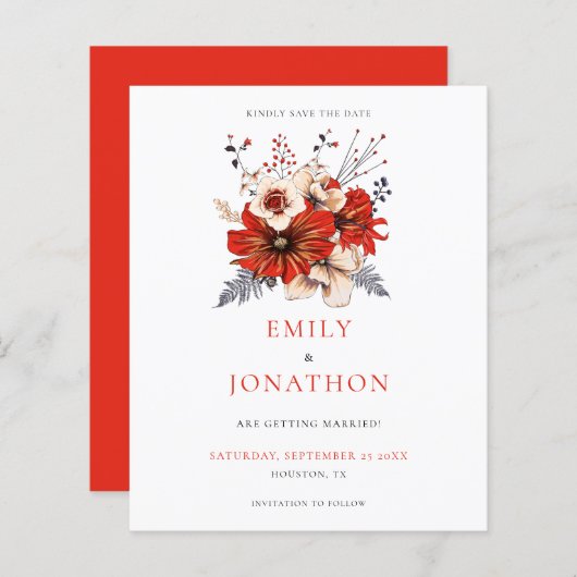 予算レッド花模様結婚式日付の保存 (正面/裏面)