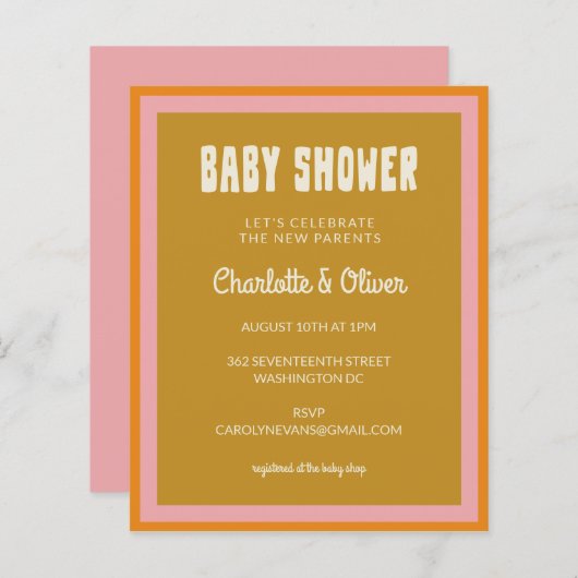 予算レトロピンクイエローベビーシャワー招待状 (正面/裏面)