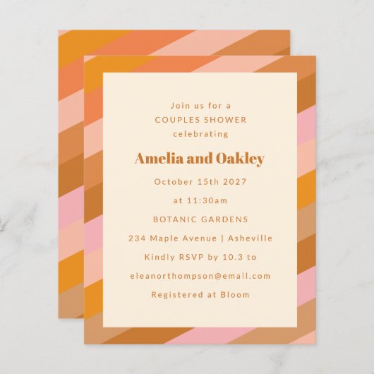 予算レトロピンクオレンジカップルシャワー招待状 (正面/裏面)