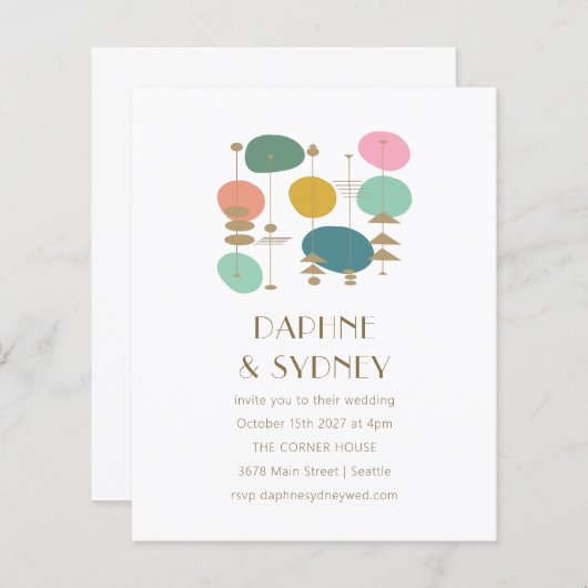 予算レトロミッドセンチュリーモダン結婚式招待状 (正面/裏面)