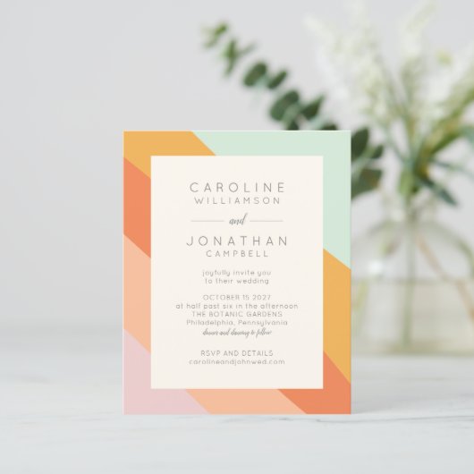 予算レトロ抽象芸術ストライプシックな結婚式の招待 (スタンド正面)