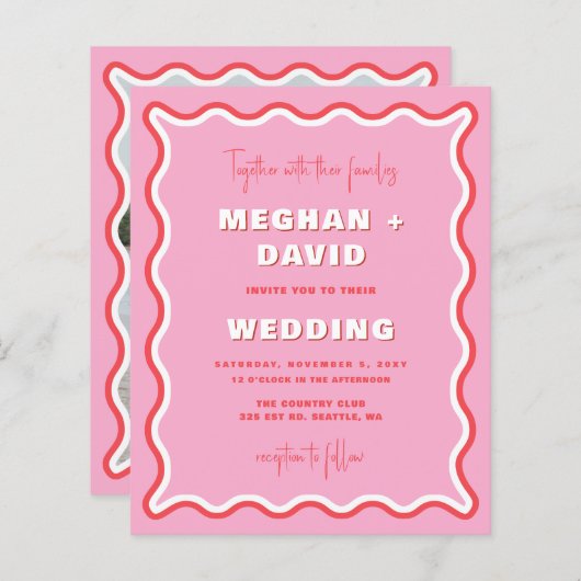 予算レトロ波曲線ピンク赤結婚写真 (正面/裏面)