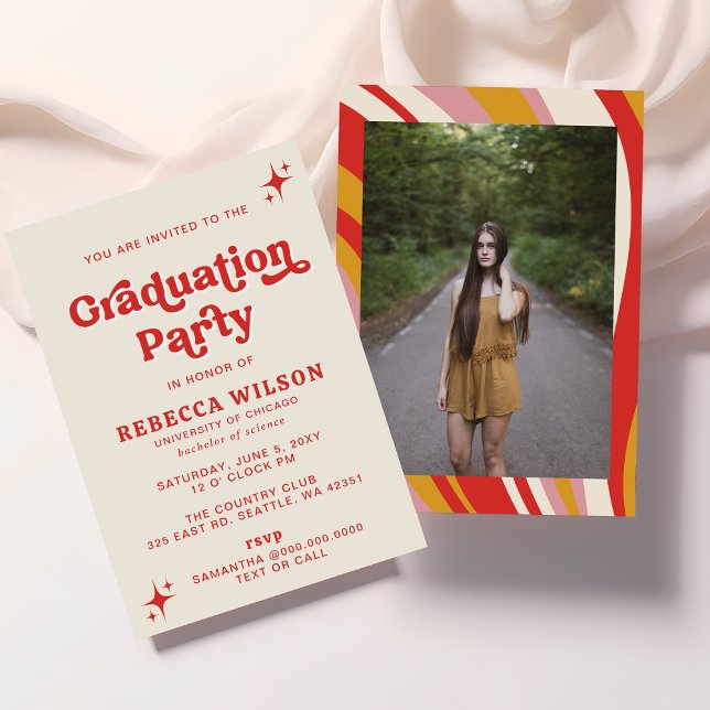 予算レトロGroovy Red 70s卒業パーティーの写真 (Retro Groovy Ivory Red 70s Graduation Party  Photo Invitation)