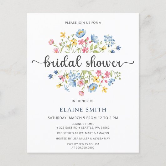 予算ワイルドフラワーズフローラブライダルシャワー招待 (正面)