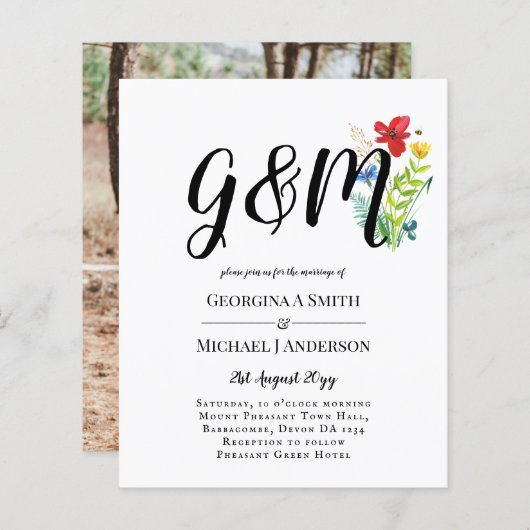 予算ワイルドフラワータイポグラフィ写真ウェディングINVITE (正面/裏面)