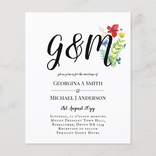 予算ワイルドフラワータイポグラフィ写真ウェディングINVITE (正面)