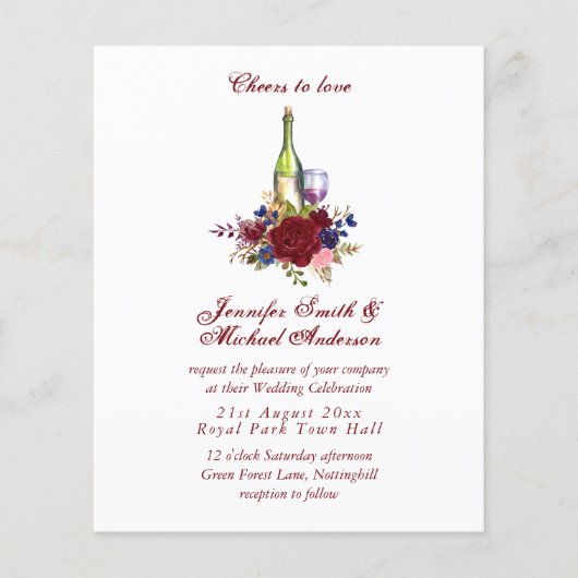 予算ワインテイスティング結婚またはブライダルシャワー請求書。 (正面)