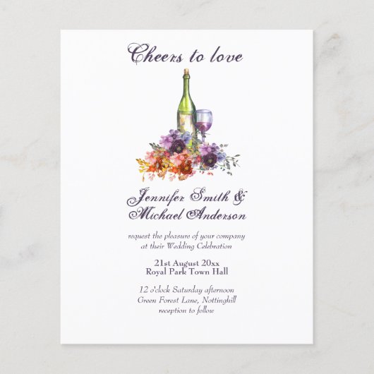 予算ワインテイスティング結婚またはブライダルシャワー請求書。 (正面)