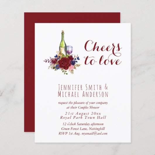 予算ワインテイスティング結婚またはブライダルシャワー請求書。 (正面/裏面)