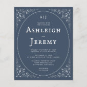 予算ヴィンテージの葉インディゴブルーウェディング招待 (正面)