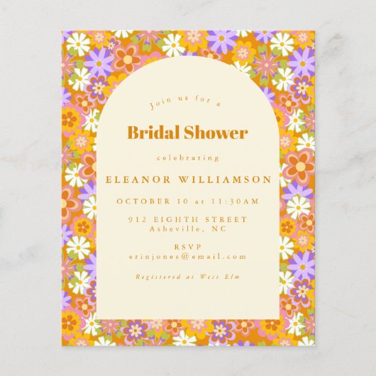 予算ヴィンテージオレンジフローラブライダルシャワー招待状 (正面)