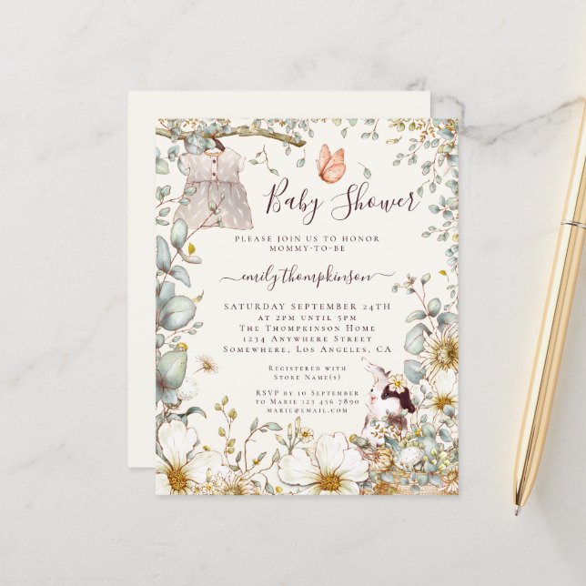 予算ヴィンテージドレスガールベビーシャワークリーム招待状 (正面/裏面インサイチュ)