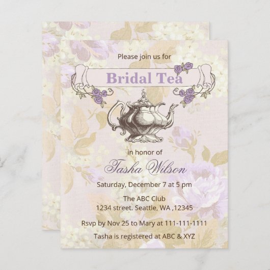 予算ヴィンテージパープルブライダルティーパーティの招待状 (正面/裏面)
