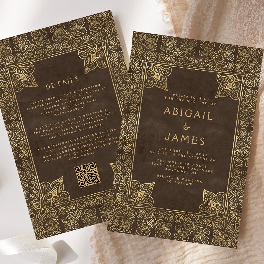 予算ヴィンテージフレームブラウン金ゴールドQRコード結婚ズ