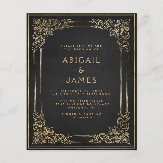予算ヴィンテージフレーム黒金ゴールド結婚式の招待 (正面)