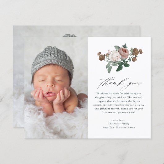 予算ヴィンテージフローラ写真バプテスマサンキューカード (正面/裏面)