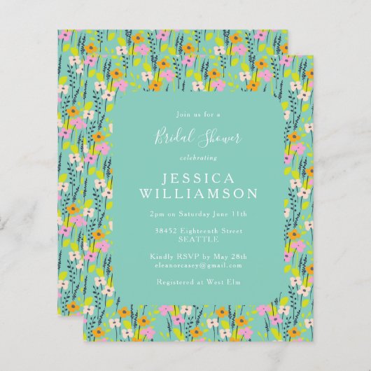 予算ヴィンテージミントフローラブライダルシャワー招待状 (正面/裏面)