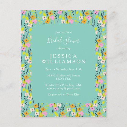 予算ヴィンテージミントフローラブライダルシャワー招待状 (正面)