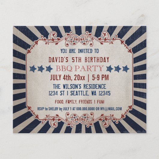 予算ヴィンテージメモリアルデー誕生日招待状 (正面)