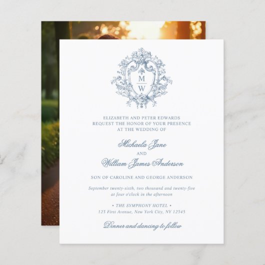 予算ヴィンテージリージェンシークレスト結婚式招待状 (正面/裏面)