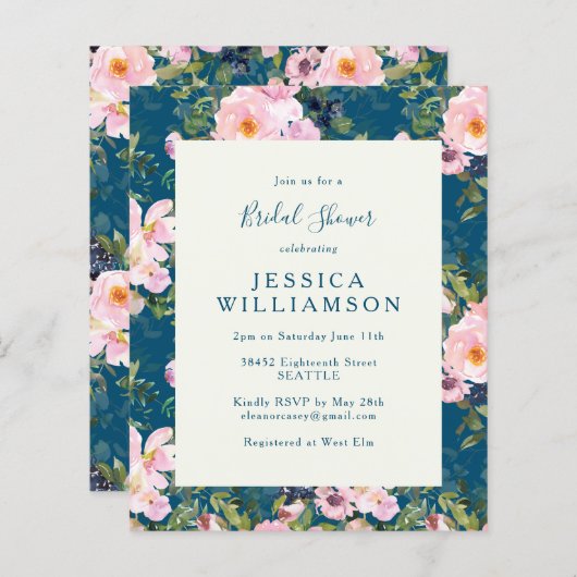 予算ヴィンテージロマンチック花模様ブルーブライダルシャワー (正面/裏面)