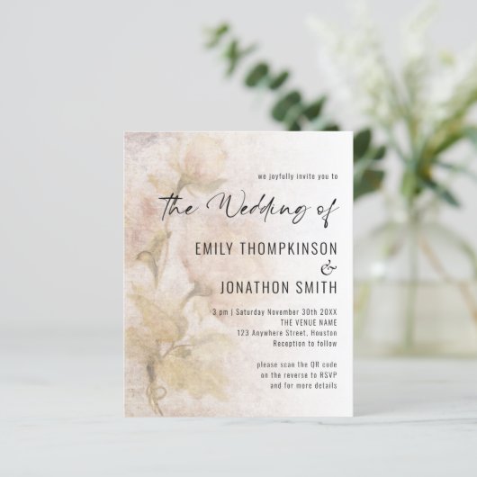 予算ヴィンテージ花模様QRコード結婚式の招待 (スタンド正面)