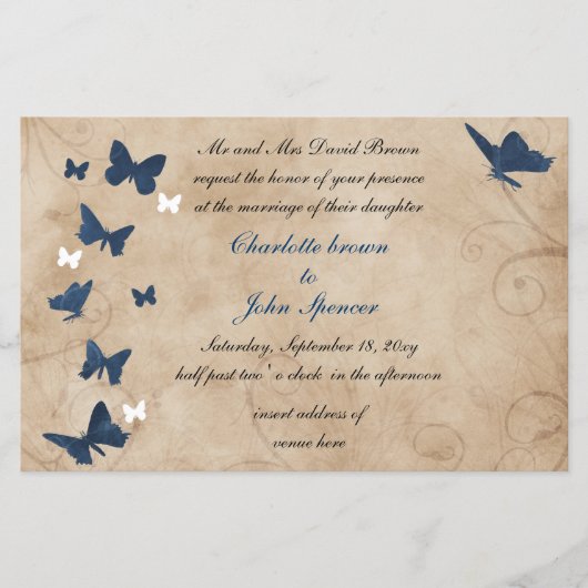 予算ヴィンテージ蝶結婚式招待状 (正面)