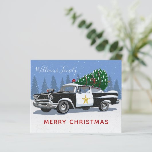 予算ヴィンテージ警察車メリークリスマスカード (スタンド正面)