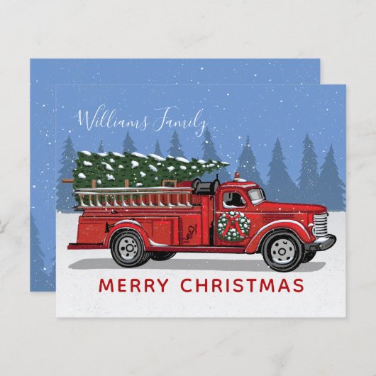 予算ヴィンテージ赤い消防車メリークリスマスカード (正面/裏面)