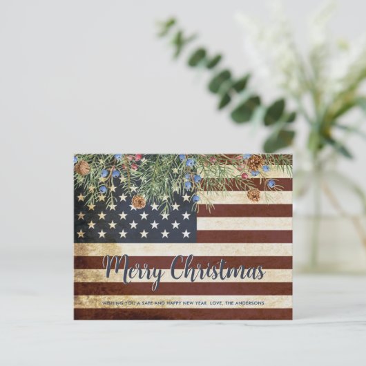 予算ヴィンテージ軍隊国旗の愛国的なクリスマス ポストカード (スタンド正面)