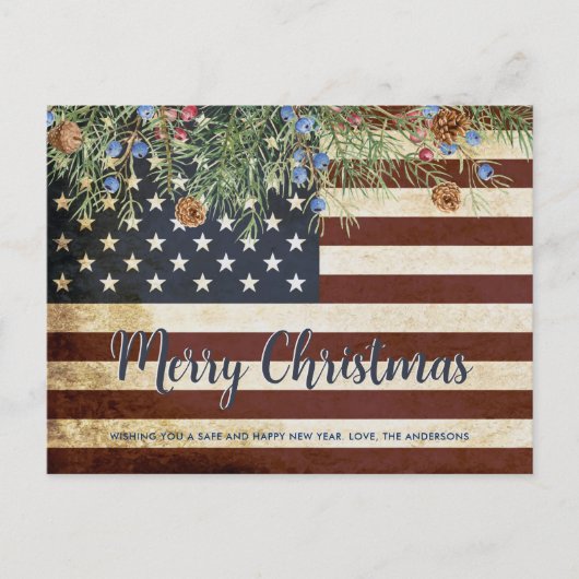 予算ヴィンテージ軍隊国旗の愛国的なクリスマス ポストカード (正面)